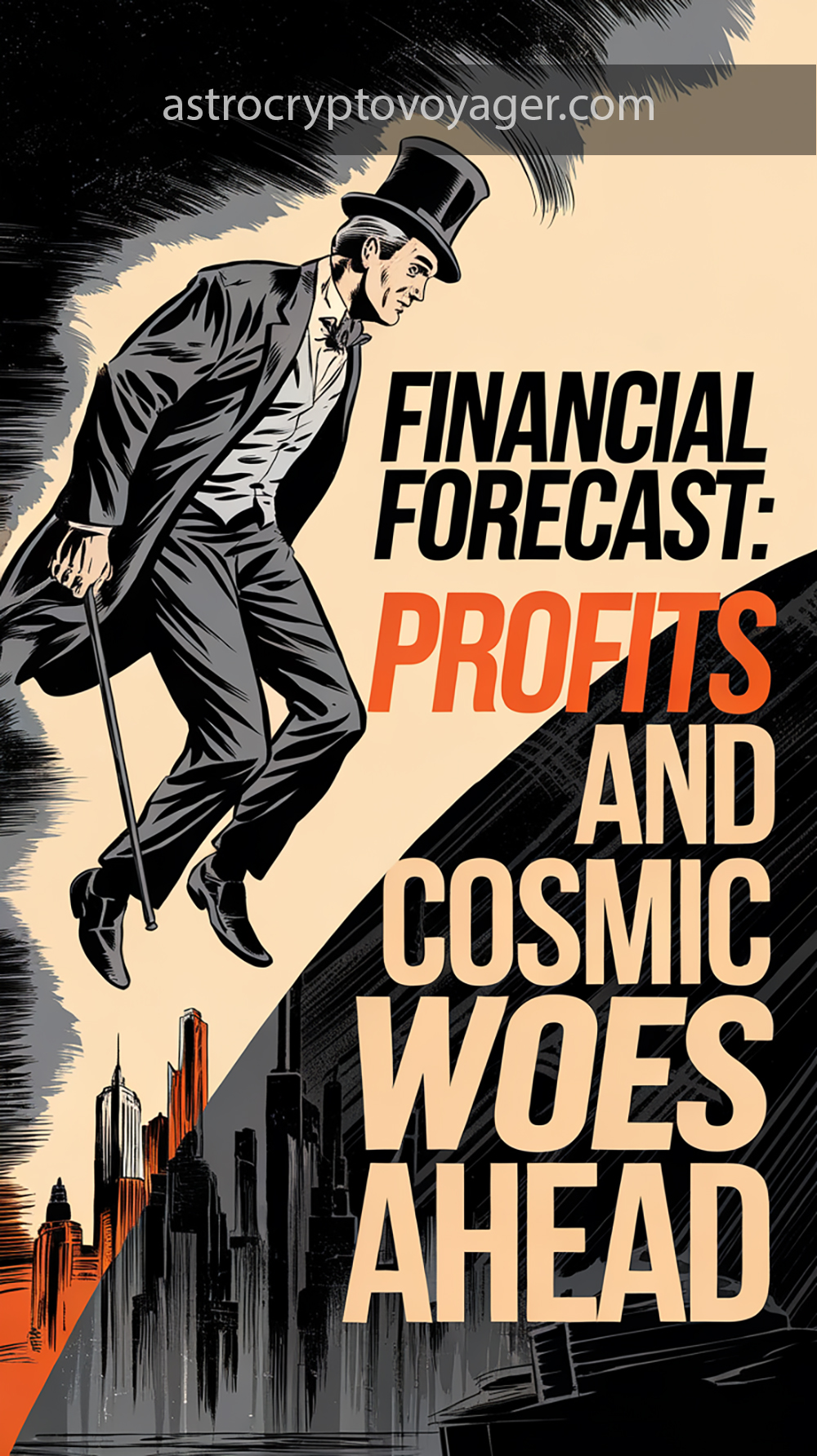 Comic book style, black and white with orange accents: Text on the image: "Financial Forecast Profits and Cosmic Woes Ahead"